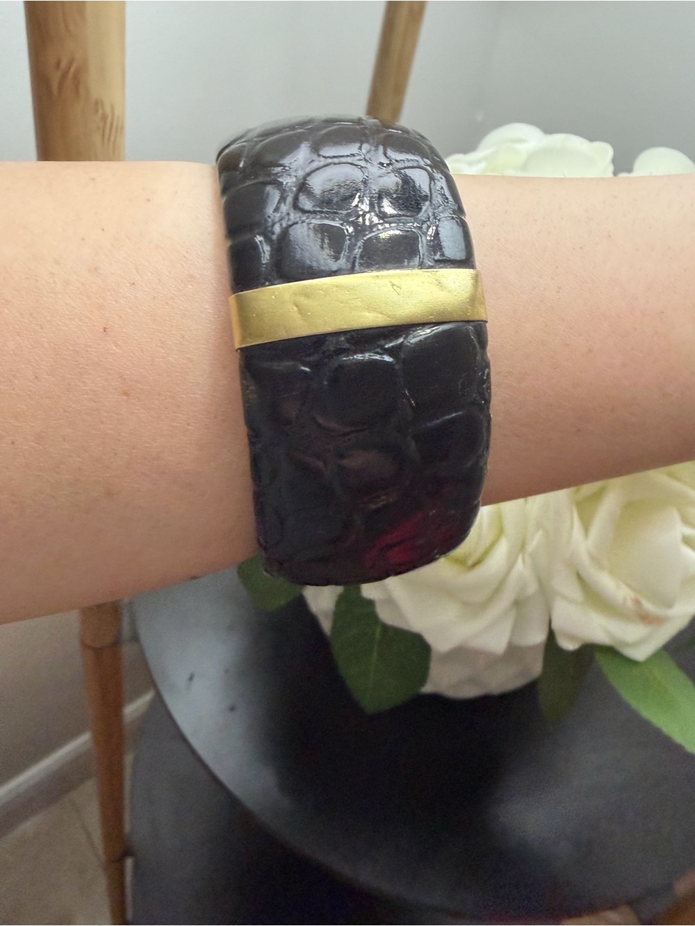 Black Croc-Embossed Bangle with Gold Accent